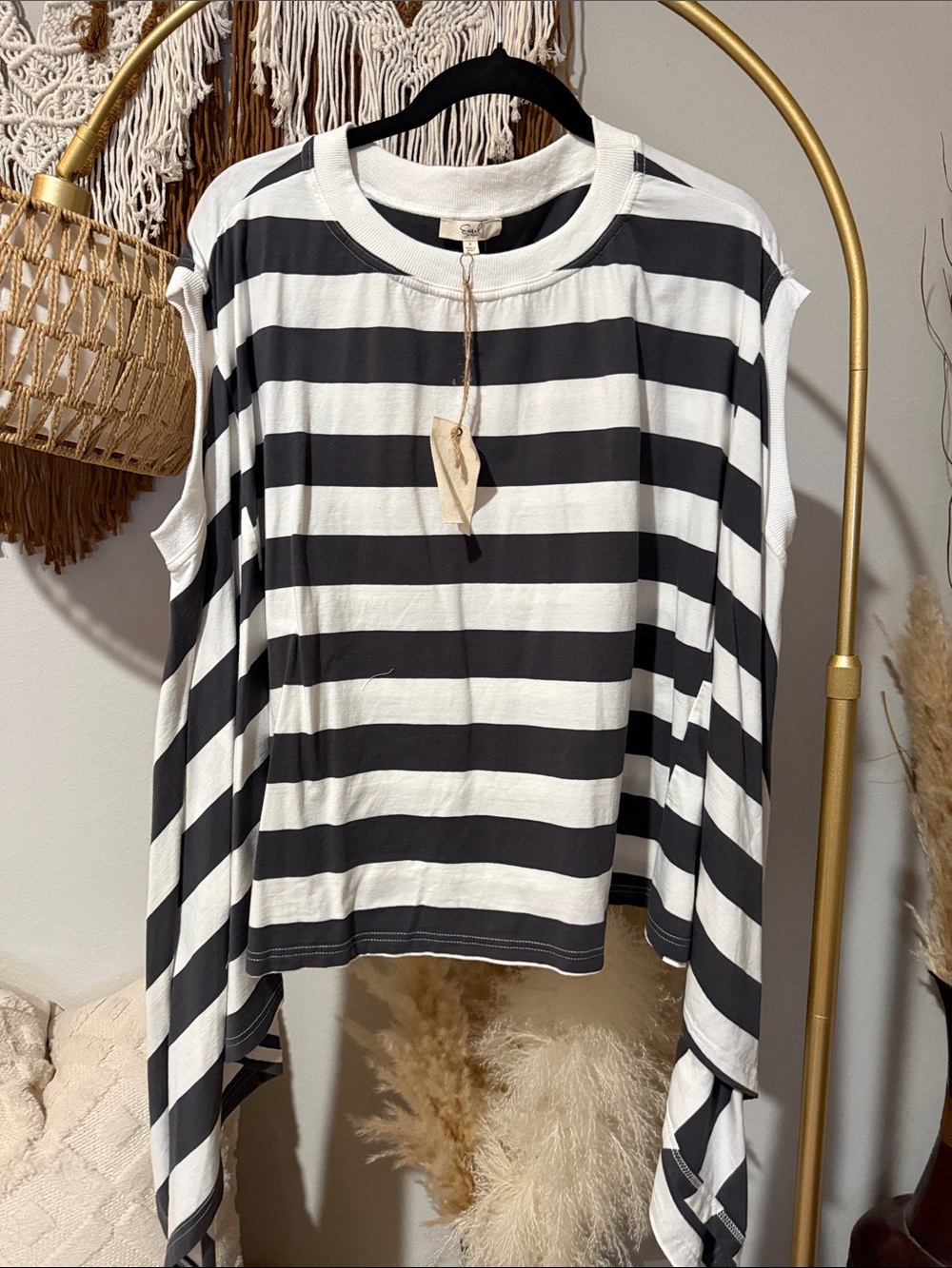 easel Black and White Striped Long Sleeve Cold-Shoulder Top